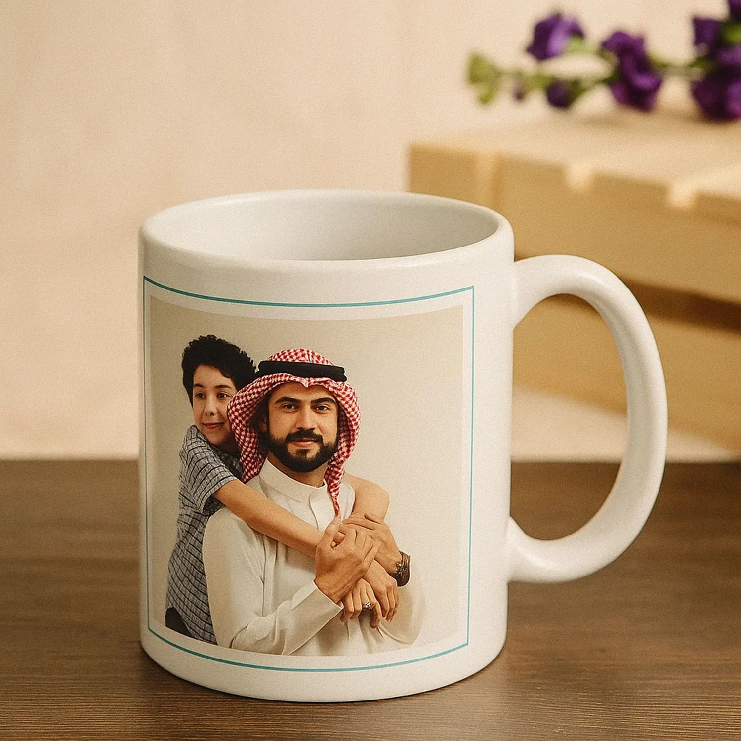 مج سيراميك أبيض مطبوع عليه صورة حسب الطلب هدية للأب